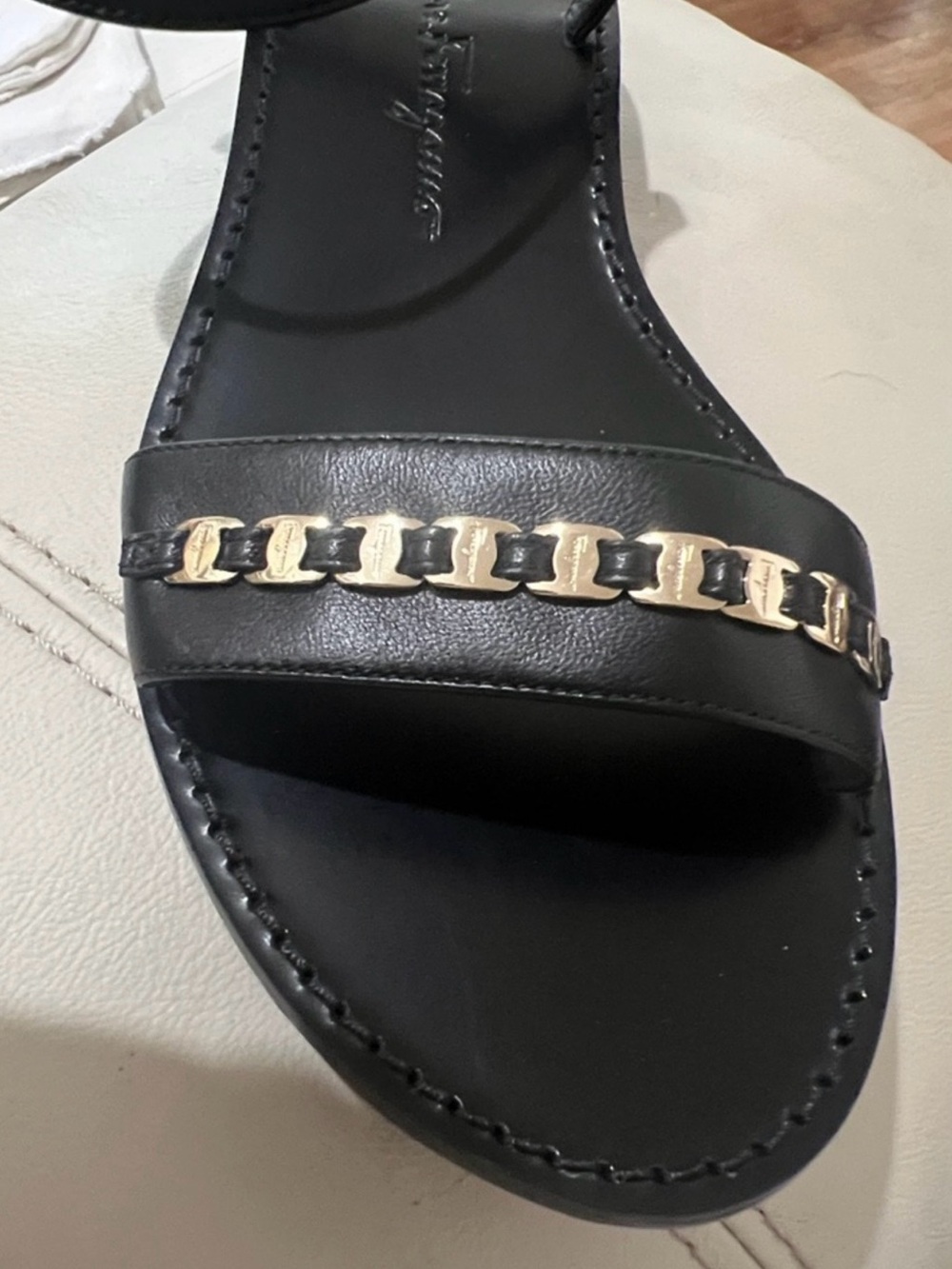 Salvatore Ferragamo Black Leather Sandals with Gold Chain Accent - Picture 2 of 7